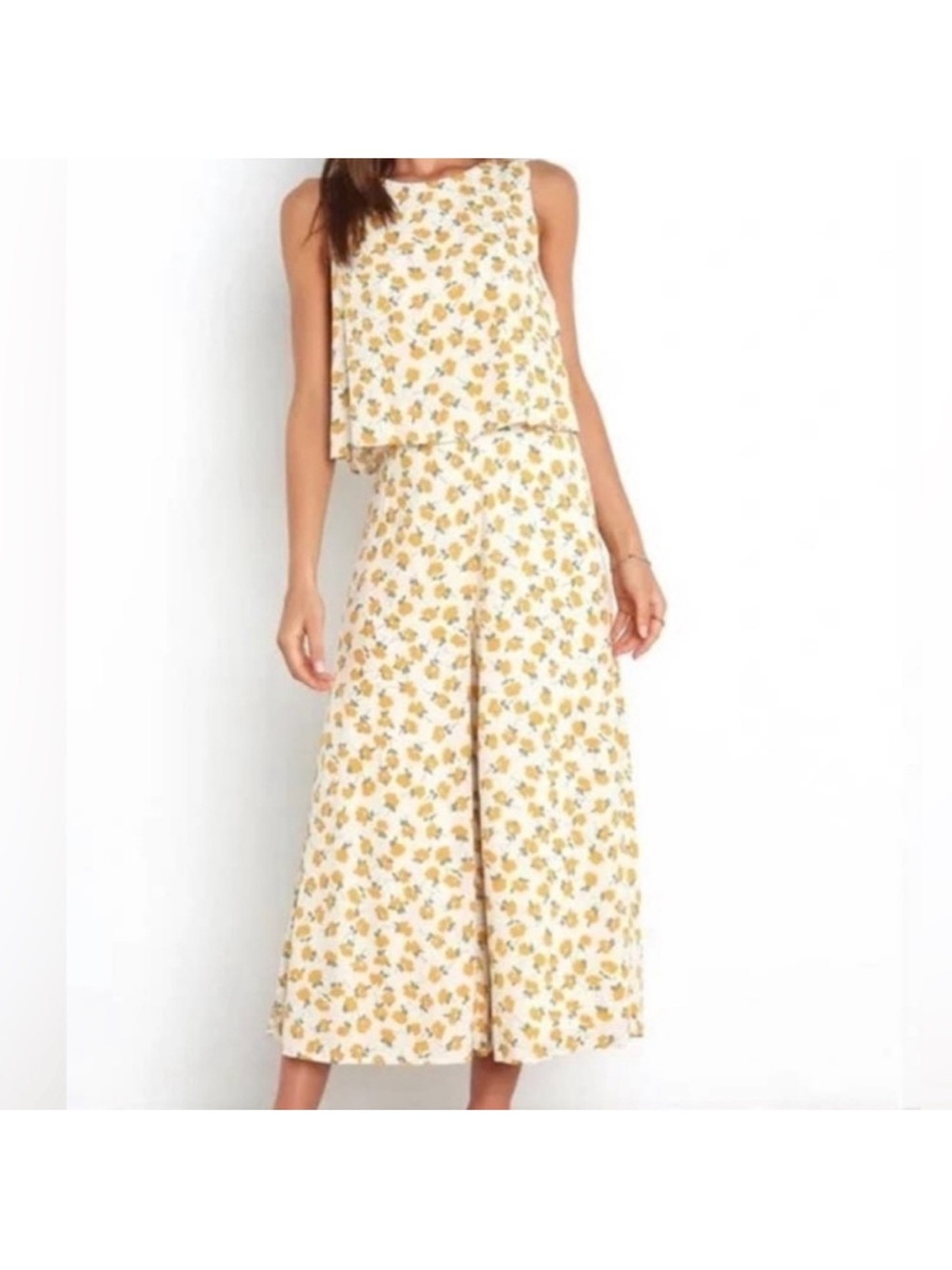 MVN The Label Sleeveless Floral Wide-Leg Jumpsuit in Yellow Floral